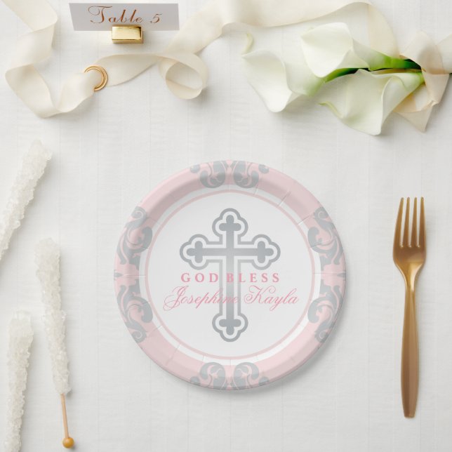 Elegant Silver Cross Pink Damask Girl Baptism Paper Plates (Wedding)