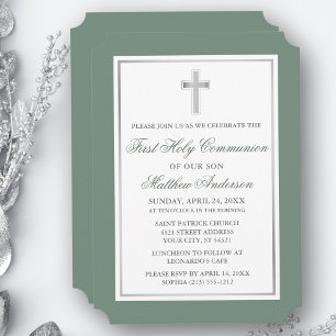 Elegant Silver Cross Sage Green First Communion Invitation