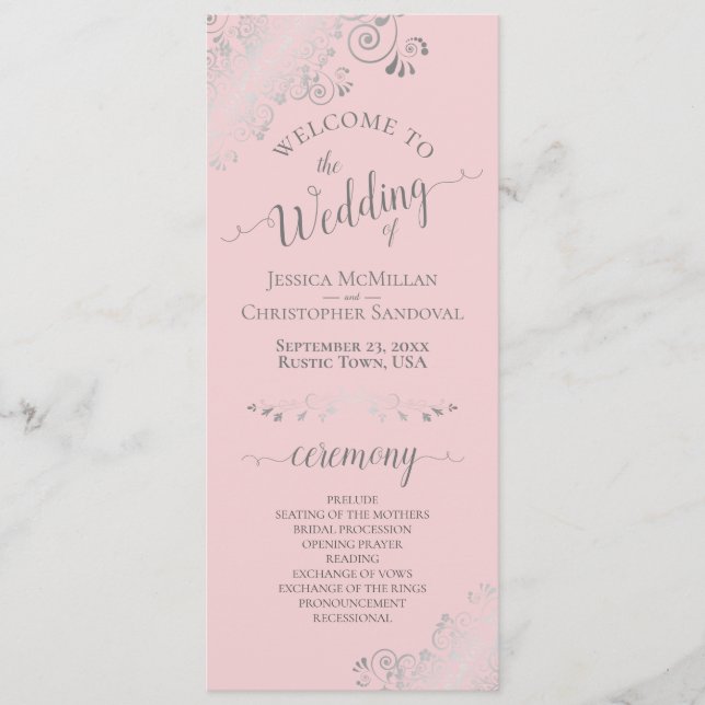Elegant Silver Curls Blush Pink & Gray Wedding Program (Front)
