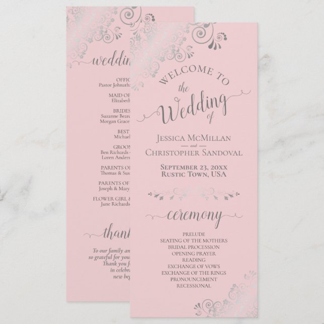 Elegant Silver Curls Blush Pink & Gray Wedding Program (Front/Back)