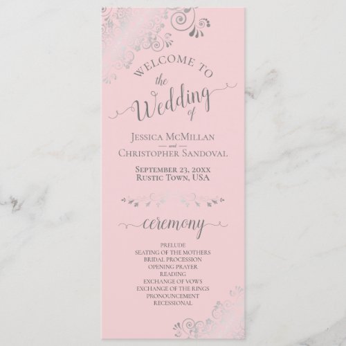 Elegant Silver Curls Blush Pink  Gray Wedding Program