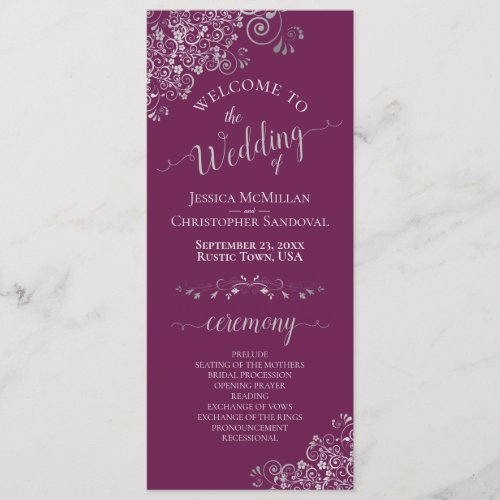 Elegant Silver Curls Cassis Purple Magenta Wedding Program