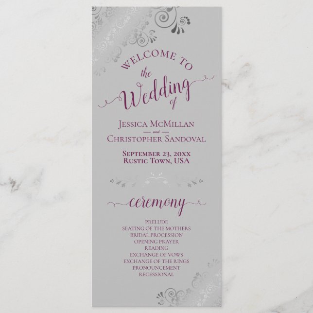 Elegant Silver Curls Cassis Purple on Gray Wedding Program (Front)