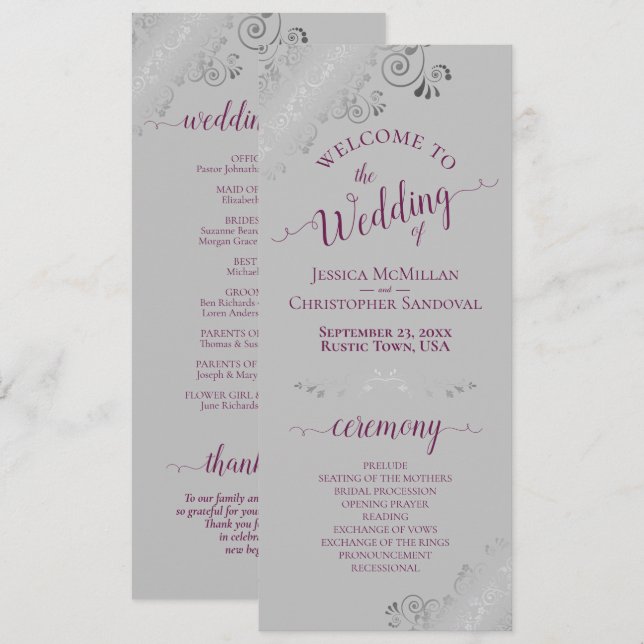 Elegant Silver Curls Cassis Purple on Gray Wedding Program (Front/Back)