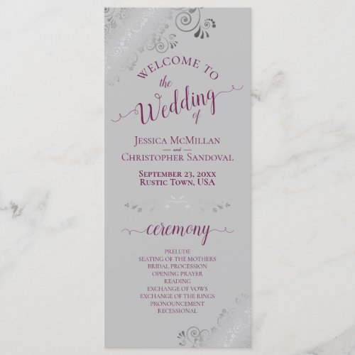 Elegant Silver Curls Cassis Purple on Gray Wedding Program
