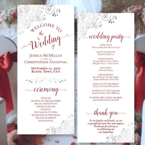 Elegant Silver Curls Crimson Red on White Wedding Program