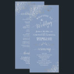 Elegant Silver Curls Dusty Blue Periwinkle Wedding Program<br><div class="desc">This beautiful wedding program features an elegant design with white text on a dusty blue or periwinkle colored background and lacy silver gray faux foil curls and swirls in the corners. The titles are written in fancy script calligraphy, and there is space for your ceremony and wedding party details, as...</div>