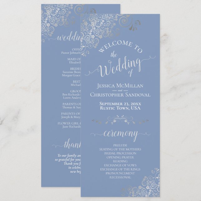 Elegant Silver Curls Dusty Blue Periwinkle Wedding Program (Front/Back)