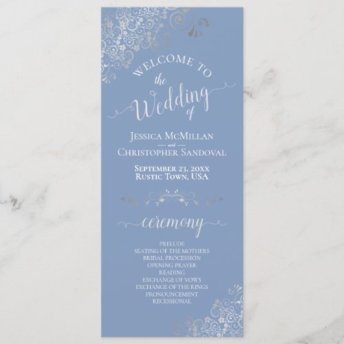 Elegant Silver Curls Dusty Blue Periwinkle Wedding Program