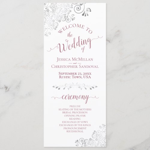 Elegant Silver Curls Dusty Rose on White Wedding Program