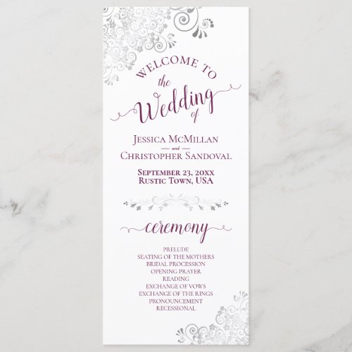 Elegant Silver Curls Magenta on White Wedding Program