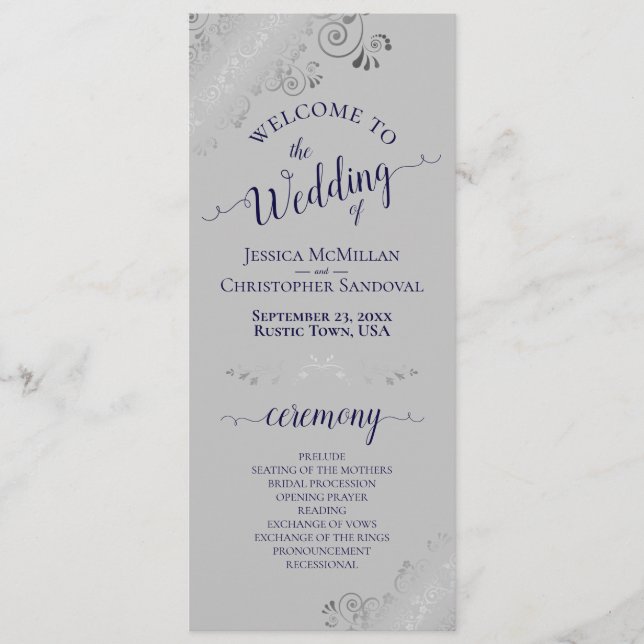 Elegant Silver Curls Navy Blue on Gray Wedding Program (Front)