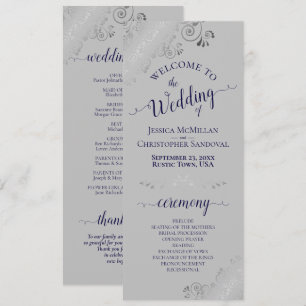 Elegant Silver Curls Navy Blue on Gray Wedding Program