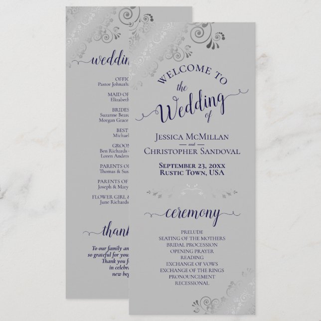 Elegant Silver Curls Navy Blue on Gray Wedding Program (Front/Back)