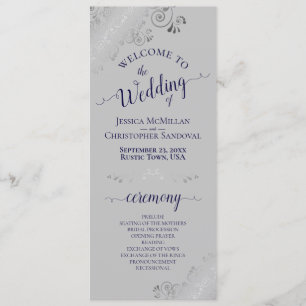 Elegant Silver Curls Navy Blue on Gray Wedding Program