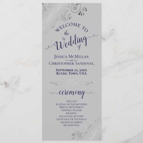 Elegant Silver Curls Navy Blue on Gray Wedding Program