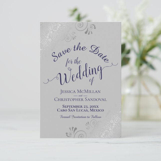 Elegant Silver Curls Navy Blue on Gray Wedding Save The Date (Standing Front)