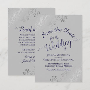 Elegant Silver Curls Navy Blue on Gray Wedding Save The Date