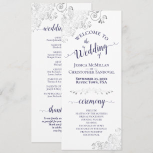Elegant Silver Curls Navy Blue on White Wedding Program