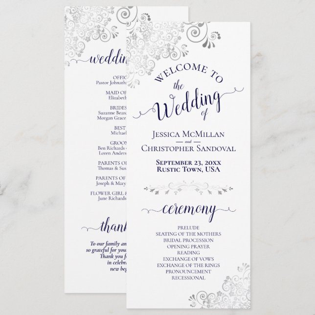 Elegant Silver Curls Navy Blue on White Wedding Program (Front/Back)