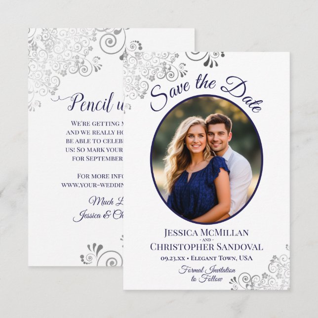 Elegant Silver Curls Navy Blue Photo White Wedding Save The Date (Front/Back)