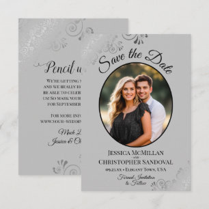 Elegant Silver Curls on Gray Oval Photo Wedding Save The Date