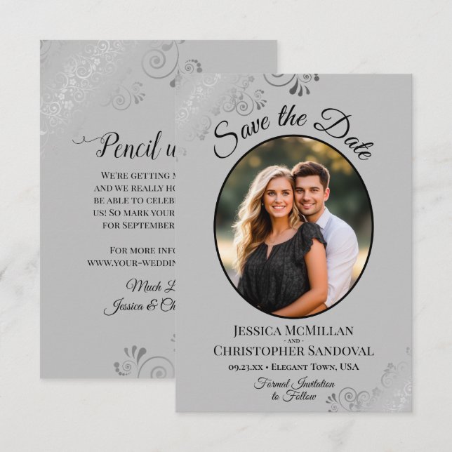 Elegant Silver Curls on Gray Oval Photo Wedding Save The Date (Front/Back)