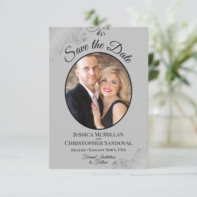 Elegant Silver Curls on Gray Oval Photo Wedding Save The Date (Standing Front)