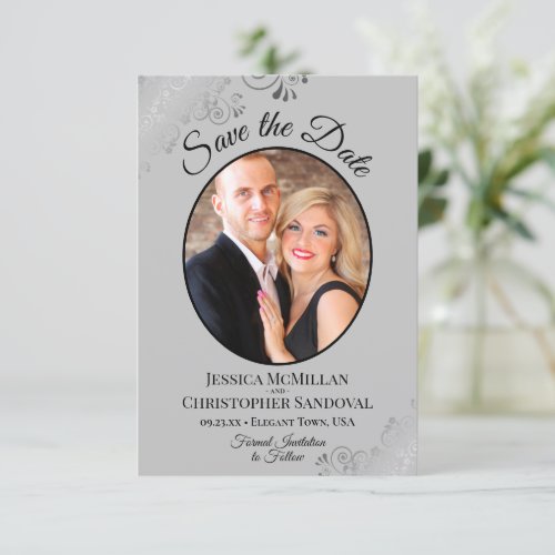 Elegant Silver Curls on Gray Oval Photo Wedding Save The Date