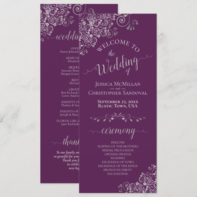 Elegant Silver Curls on Plum Purple Simple Wedding Program (Front/Back)