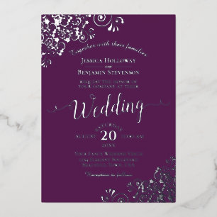 Elegant Silver Curls on Plum Purple Wedding Foil Invitation