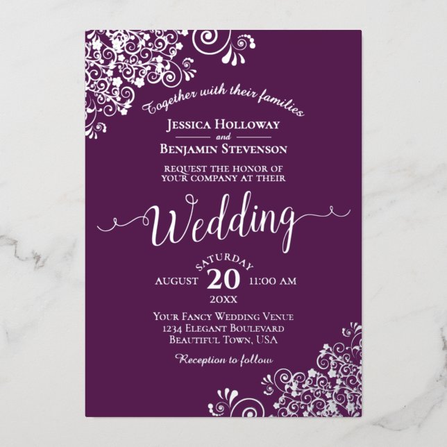 Elegant Silver Curls on Plum Purple Wedding Foil Invitation (Front)