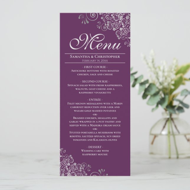 Elegant Silver Curls on Plum Purple Wedding Menu (Standing Front)