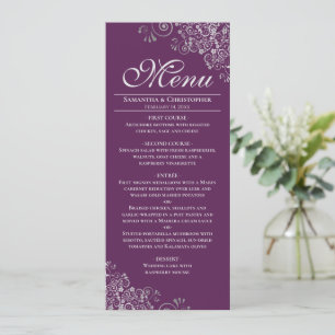 Elegant Silver Curls on Plum Purple Wedding Menu