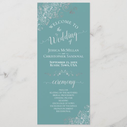 Elegant Silver Curls on Teal or Turquoise Wedding Program