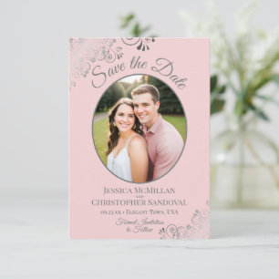 Elegant Silver Curls & Photo on Blush Pink Wedding Save The Date