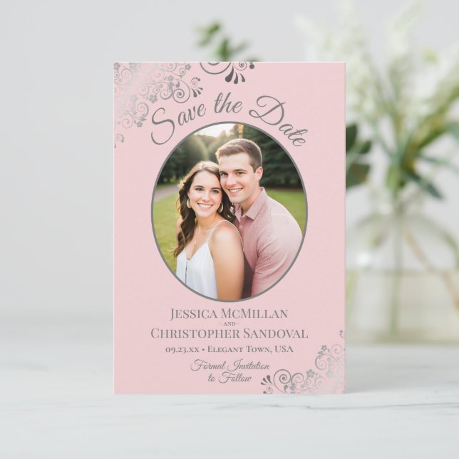 Elegant Silver Curls & Photo on Blush Pink Wedding Save The Date (Standing Front)