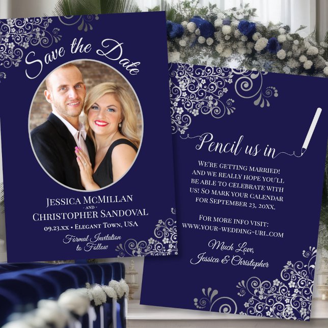 Elegant Silver Curls & Photo on Navy Blue Wedding Save The Date (Front/Back)