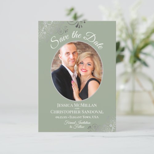 Elegant Silver Curls  Photo on Sage Green Wedding Save The Date