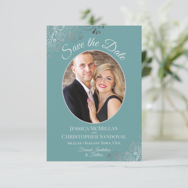 Elegant Silver Curls & Photo on Teal Wedding Save The Date (Standing Front)