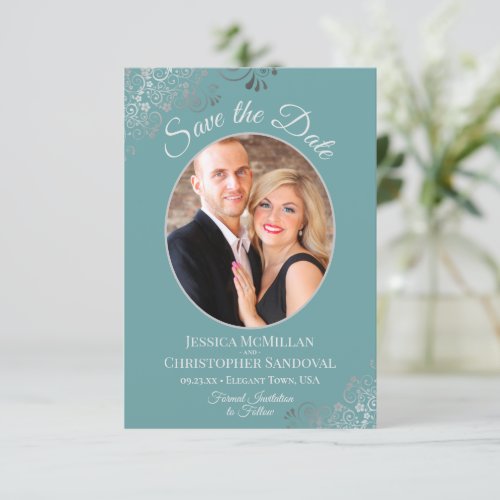 Elegant Silver Curls  Photo on Teal Wedding Save The Date