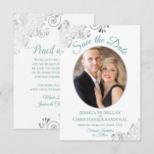 Elegant Silver Curls Photo Teal on White Wedding Save The Date