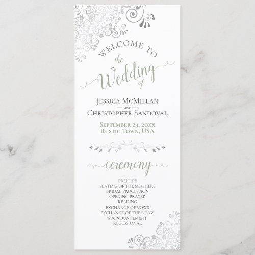 Elegant Silver Curls Sage Green on White Wedding Program