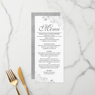 Elegant Silver Curls & Swirls on White Wedding Menu