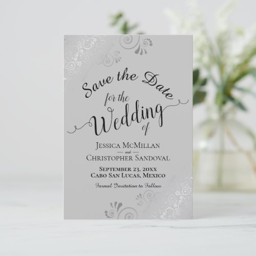 Elegant Silver Curly Swirls Black on Gray Wedding Save The Date