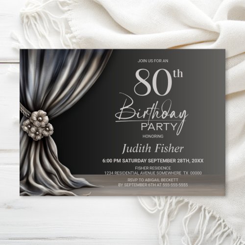 Elegant Silver Curtain 80th Birthday Party Invitation