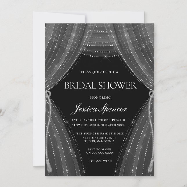 Elegant Silver Curtains Bridal Shower Invite (Front)