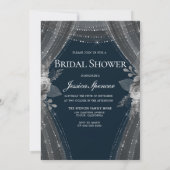 Elegant Silver Curtains Navy Dress Bridal Shower Invitation (Back)
