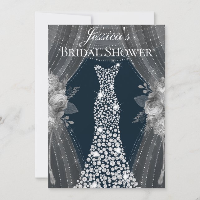 Elegant Silver Curtains Navy Dress Bridal Shower Invitation (Front)