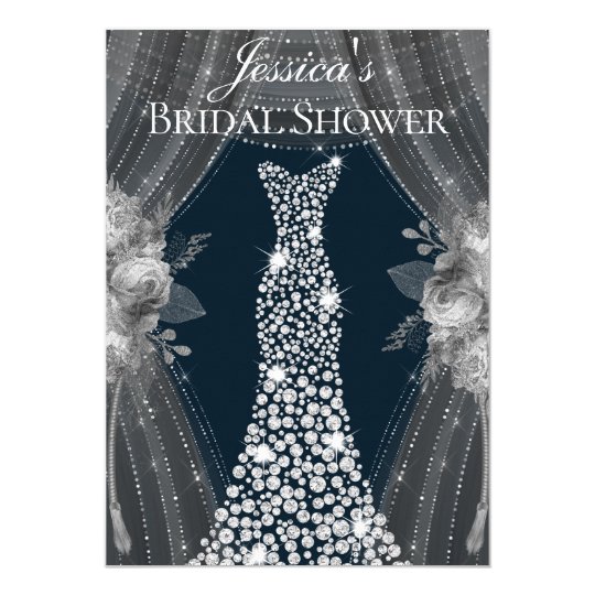 Elegant Silver Curtains Navy Dress Bridal Shower Invitation